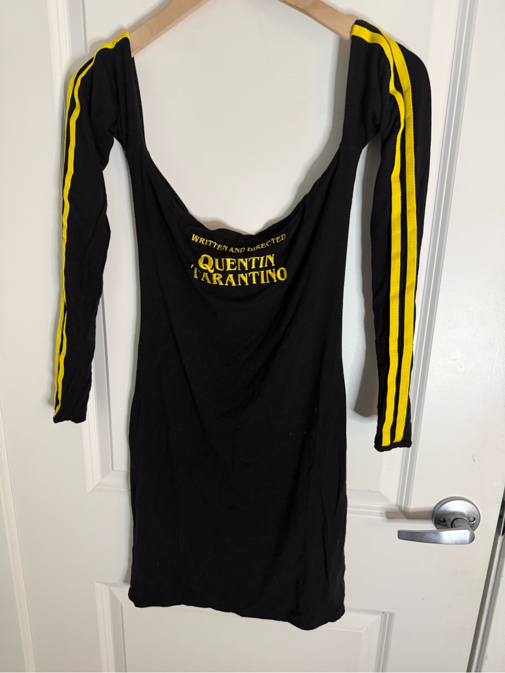 omighty Black Mini Dress with Yellow Sleeve Stripes